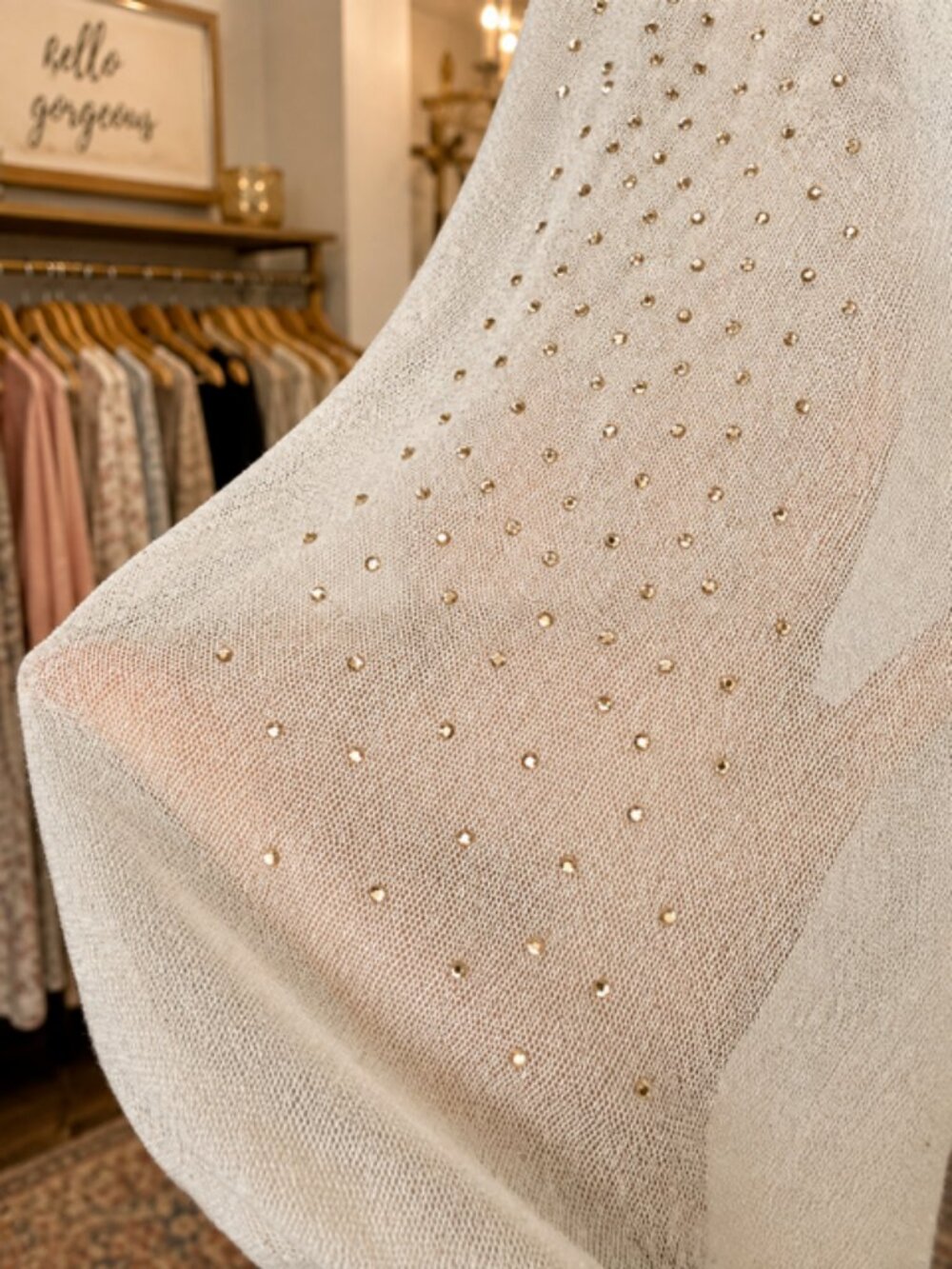 Cream Layered Sheer Sparkle Sleeve Blouse with Gold Accent - Picture 4 of 4